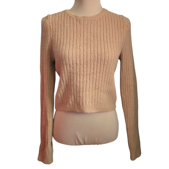 Express Sweaters - Women's Express Beige Tan Ribbed Fuzzy Sweater - Medium